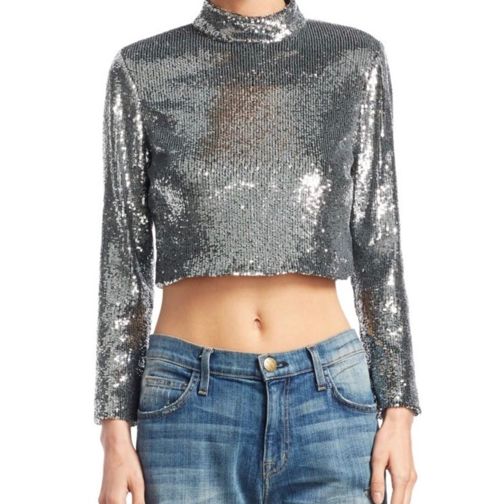 ALC Keegan Mock-Neck Long-Sleeve Sequined Crop Top